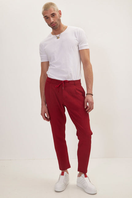Men's Pleated Waffle Cotton Pants - Burgundy | Ron Tomson