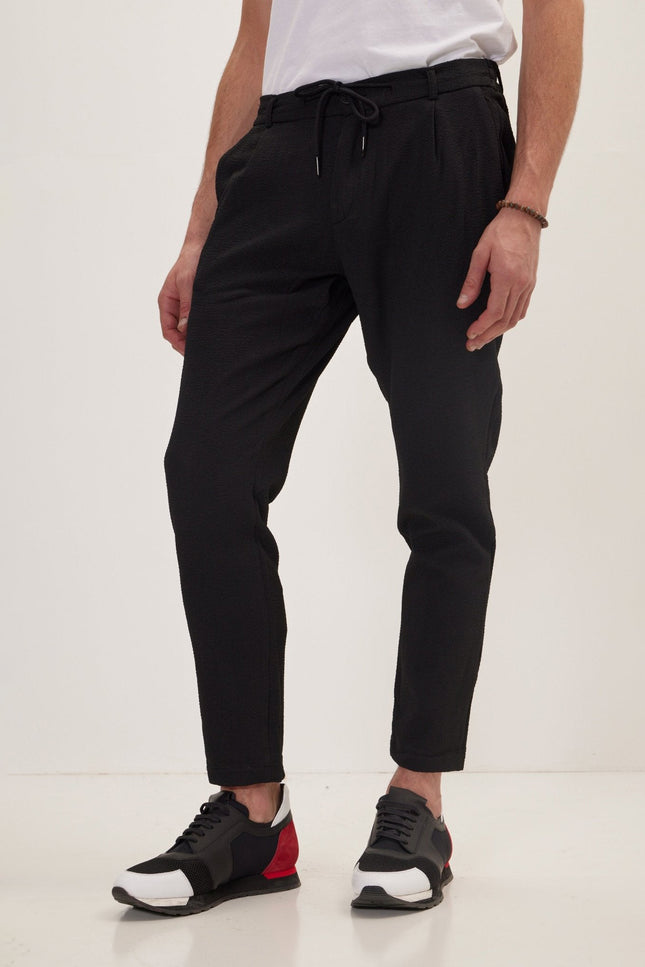 Pleated Cotton Waffle Pants - Black