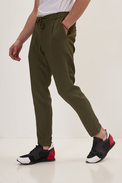 Men's Pleated Waffle Cotton Pants - Olive | Ron Tomson