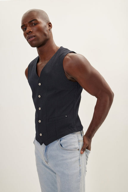 Men's Five Button Navy Vest | Ron Tomson