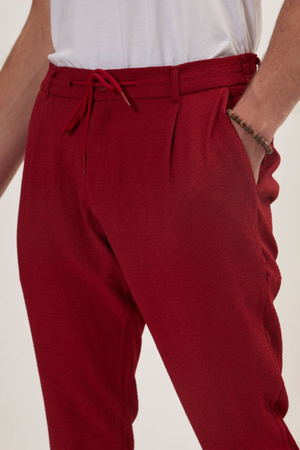 Men's Pleated Waffle Cotton Pants - Burgundy | Ron Tomson