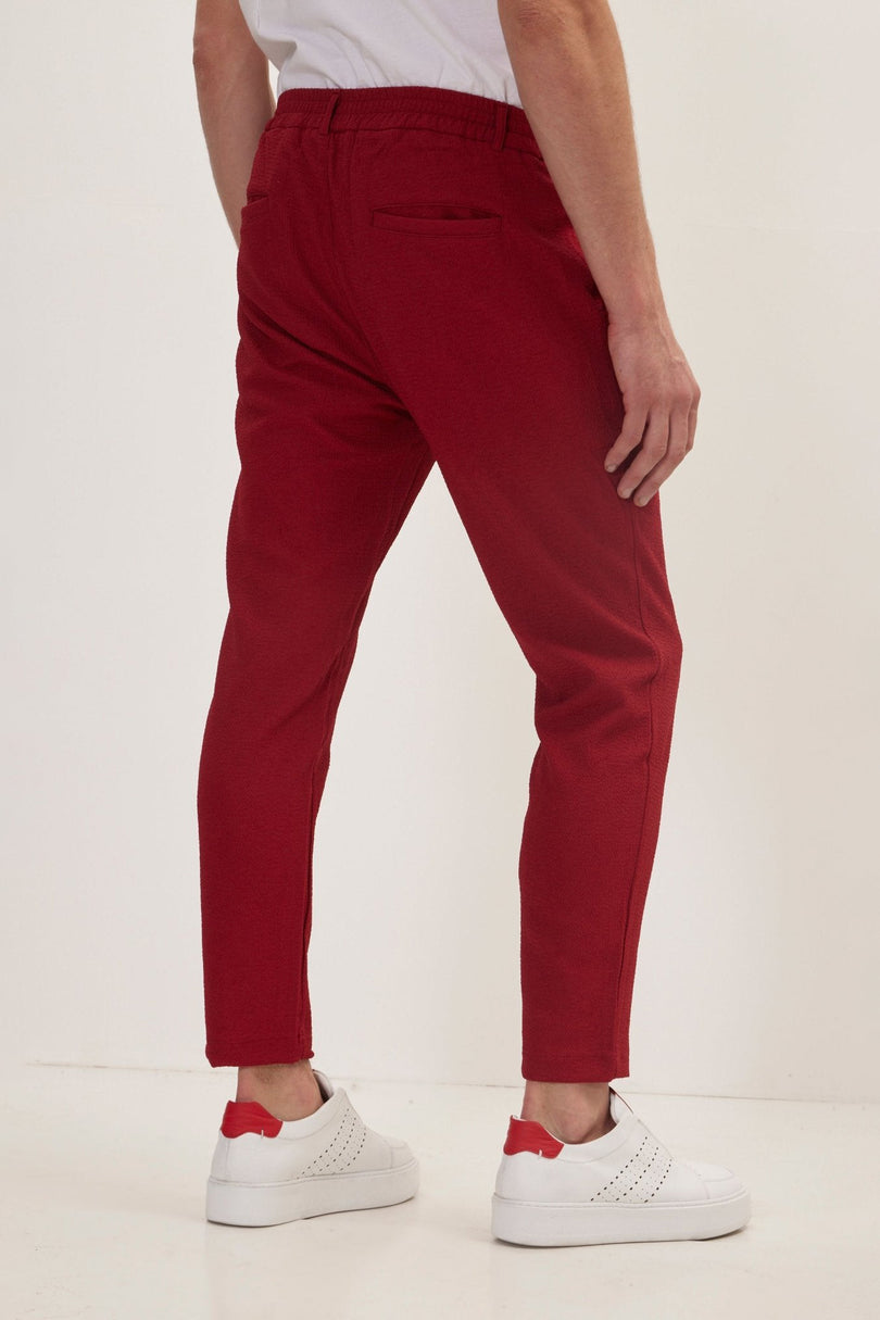Men's Pleated Waffle Cotton Pants - Burgundy | Ron Tomson