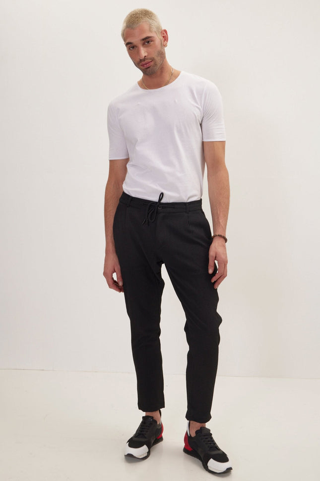 Pleated Cotton Waffle Pants - Black