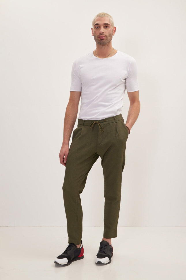 Men's Pleated Waffle Cotton Pants - Olive | Ron Tomson