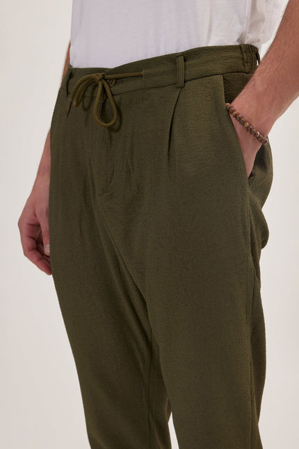 Men's Pleated Waffle Cotton Pants - Olive | Ron Tomson