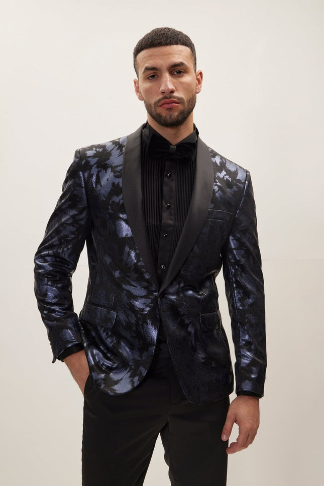 Men's Foil Brush Strokes Shawl Lapel Tuxedo Jacket - Navy | Ron Tomson