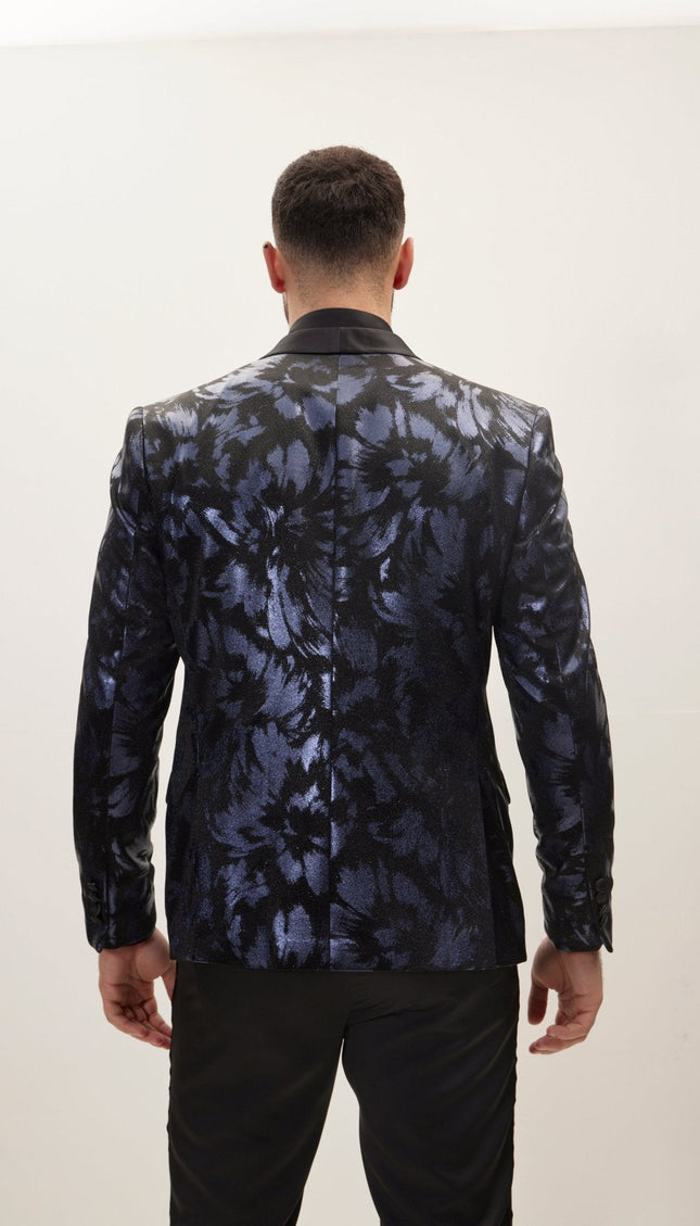 Foil Brush Strokes Shawl Lapel Tuxedo Jacket - Navy