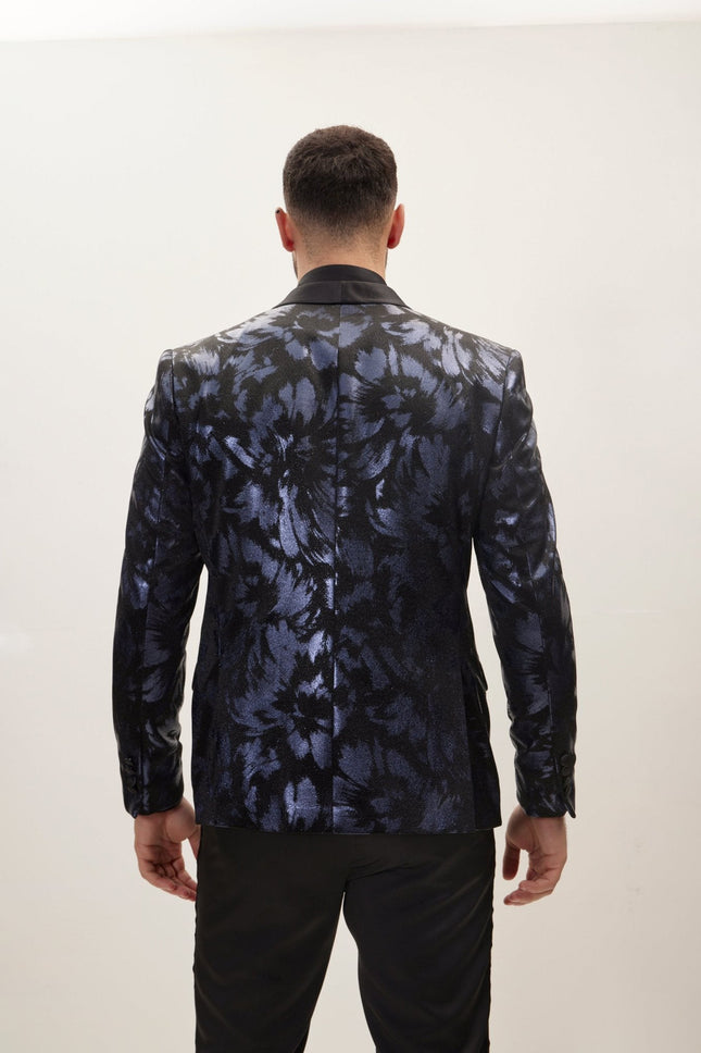 Men's Foil Brush Strokes Shawl Lapel Tuxedo Jacket - Navy | Ron Tomson
