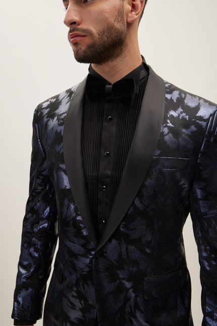 Men's Foil Brush Strokes Shawl Lapel Tuxedo Jacket - Navy | Ron Tomson