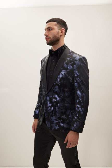 Men's Foil Brush Strokes Shawl Lapel Tuxedo Jacket - Navy | Ron Tomson