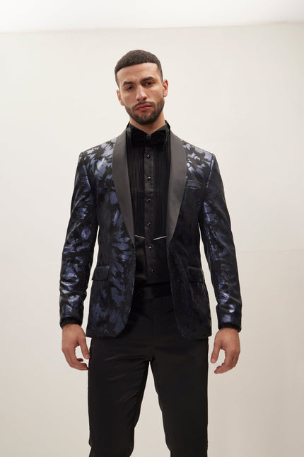 Men's Foil Brush Strokes Shawl Lapel Tuxedo Jacket - Navy | Ron Tomson