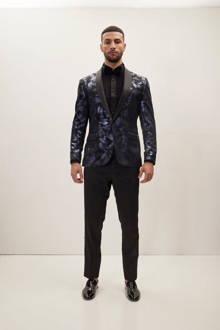Men's Foil Brush Strokes Shawl Lapel Tuxedo Jacket - Navy | Ron Tomson