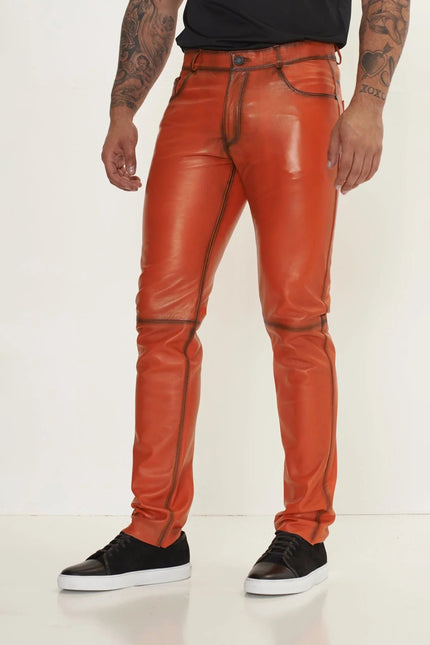 Men's Lambskin Leather Pants - Orange | Ron Tomson