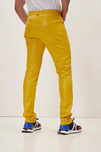 Men's Lambskin Leather Pants - Yellow | Ron Tomson