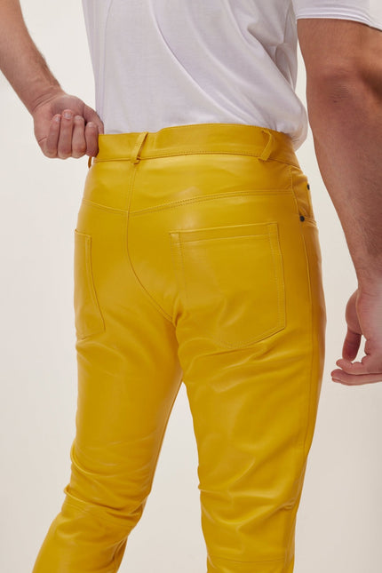 Men's Lambskin Leather Pants - Yellow | Ron Tomson