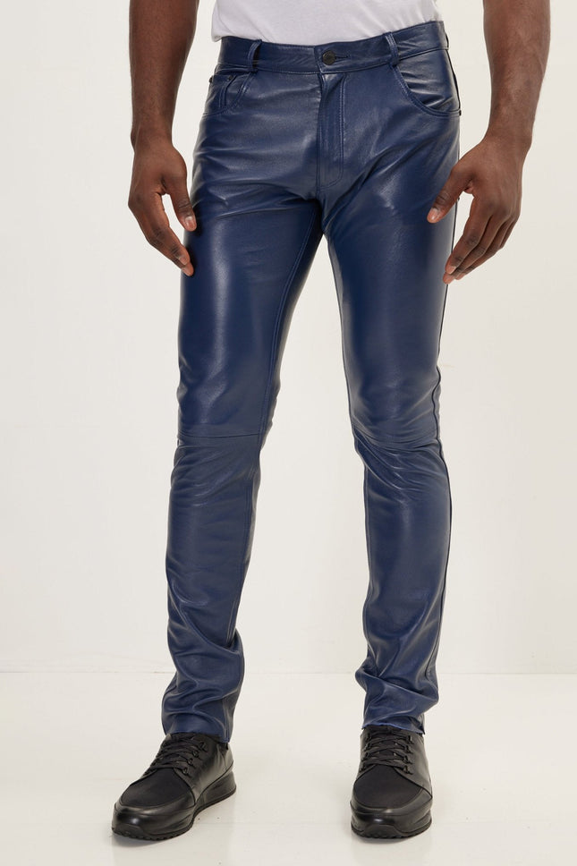 Men's Lambskin Leather Pants - Navy | Ron Tomson