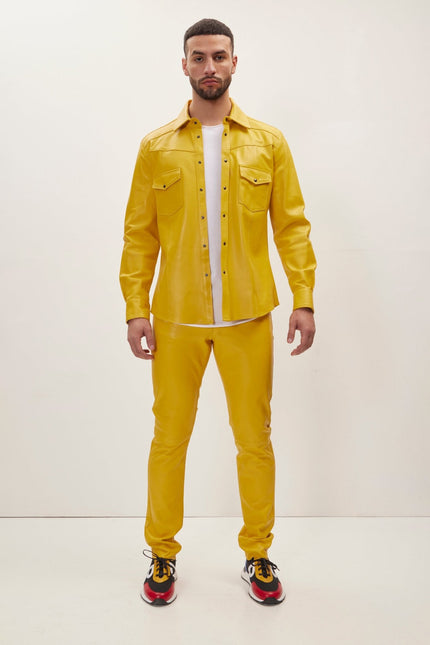 Men's Lambskin Leather Pants - Yellow | Ron Tomson