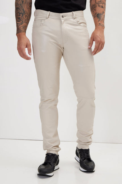 Men's Lambskin Leather Pants - Beige | Ron Tomson