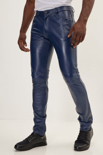 Men's Lambskin Leather Pants - Navy | Ron Tomson
