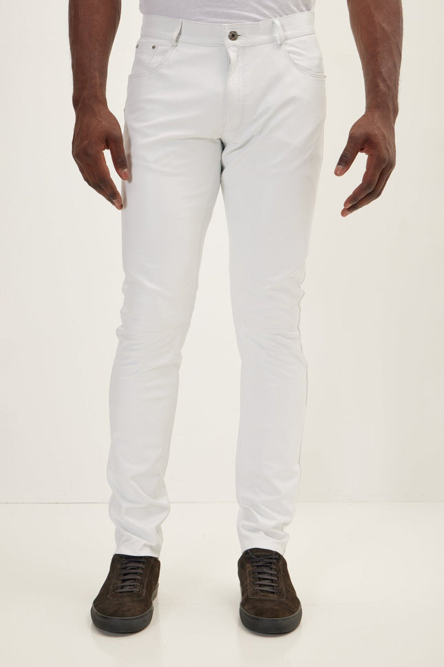 Men's Lambskin Leather Pants - White | Ron Tomson