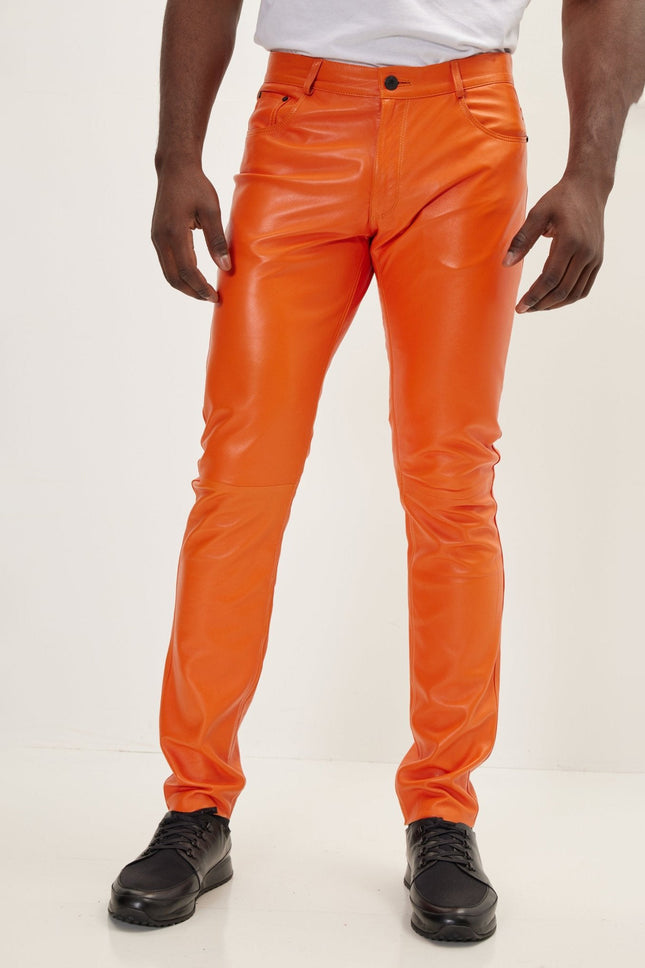 Men's Lambskin Leather Pants - Orange | Ron Tomson