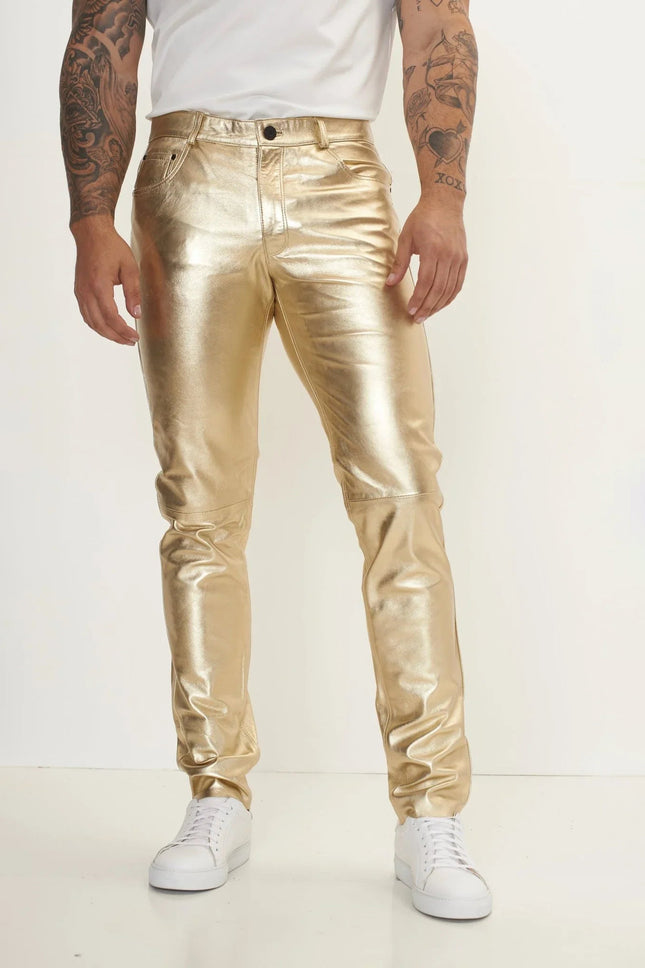 Men's Lambskin Leather Pants - Gold | Ron Tomson
