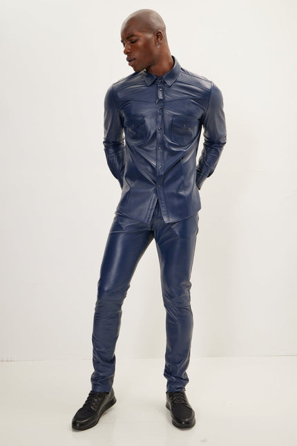 Men's Lambskin Leather Pants - Navy | Ron Tomson