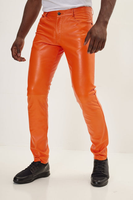 Men's Lambskin Leather Pants - Orange | Ron Tomson