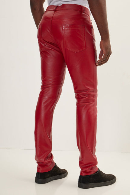Men's Lambskin Leather Pants - Red | Ron Tomson