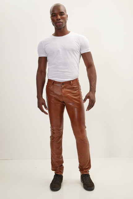 Men's Lambskin Leather Pants - Brown | Ron Tomson