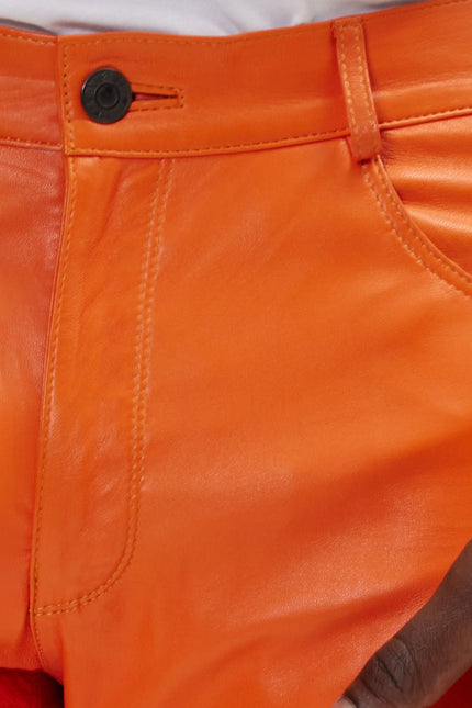 Men's Lambskin Leather Pants - Orange | Ron Tomson