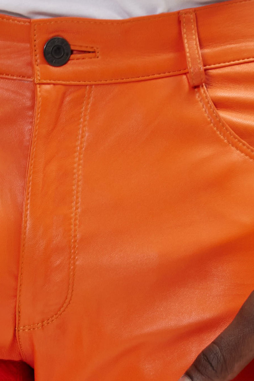 Men's Lambskin Leather Pants - Orange | Ron Tomson