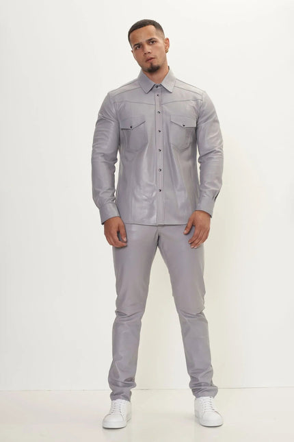Men's Lambskin Leather Pants - Grey | Ron Tomson