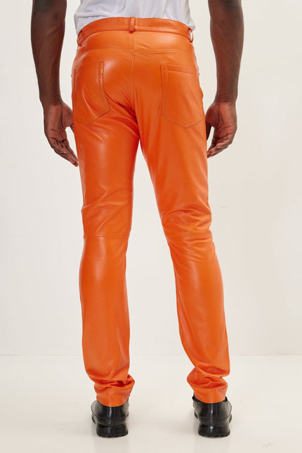 Men's Lambskin Leather Pants - Orange | Ron Tomson