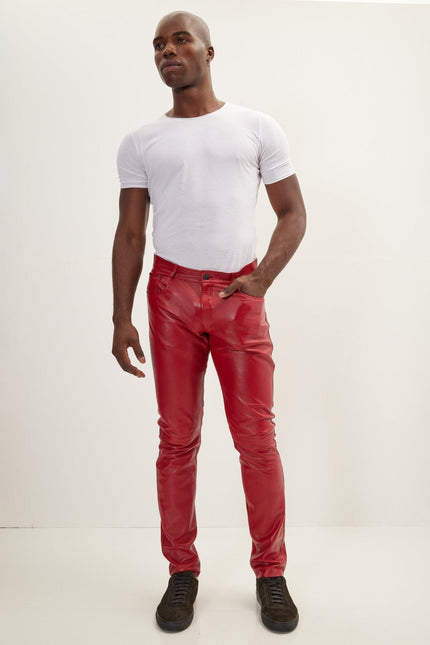 Men's Lambskin Leather Pants - Red | Ron Tomson