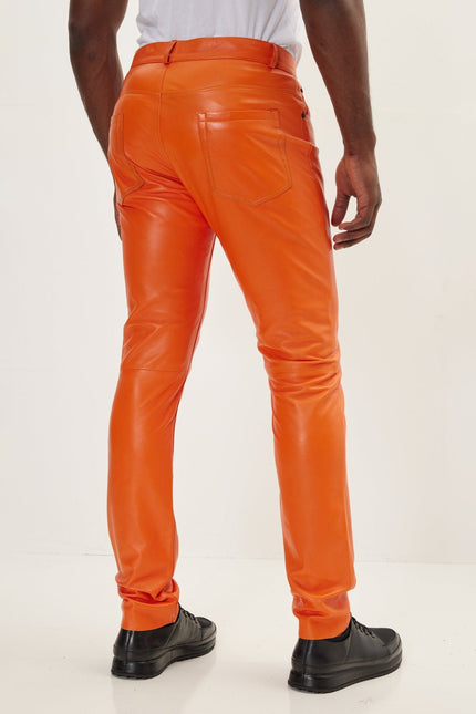 Men's Lambskin Leather Pants - Orange | Ron Tomson