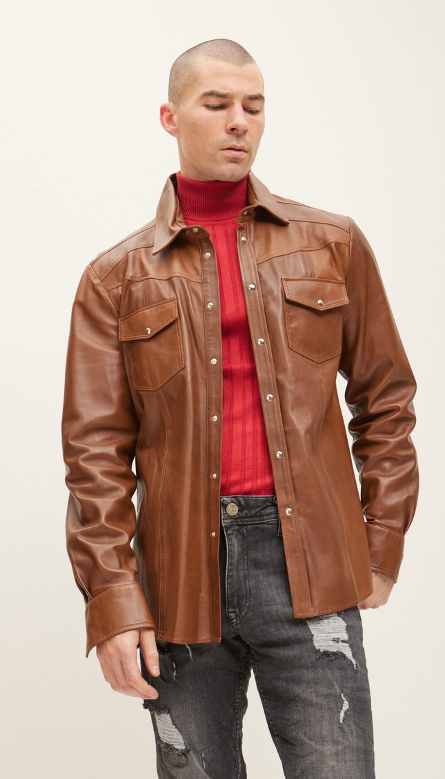 Western Lambskin Leather Shirt - Brown