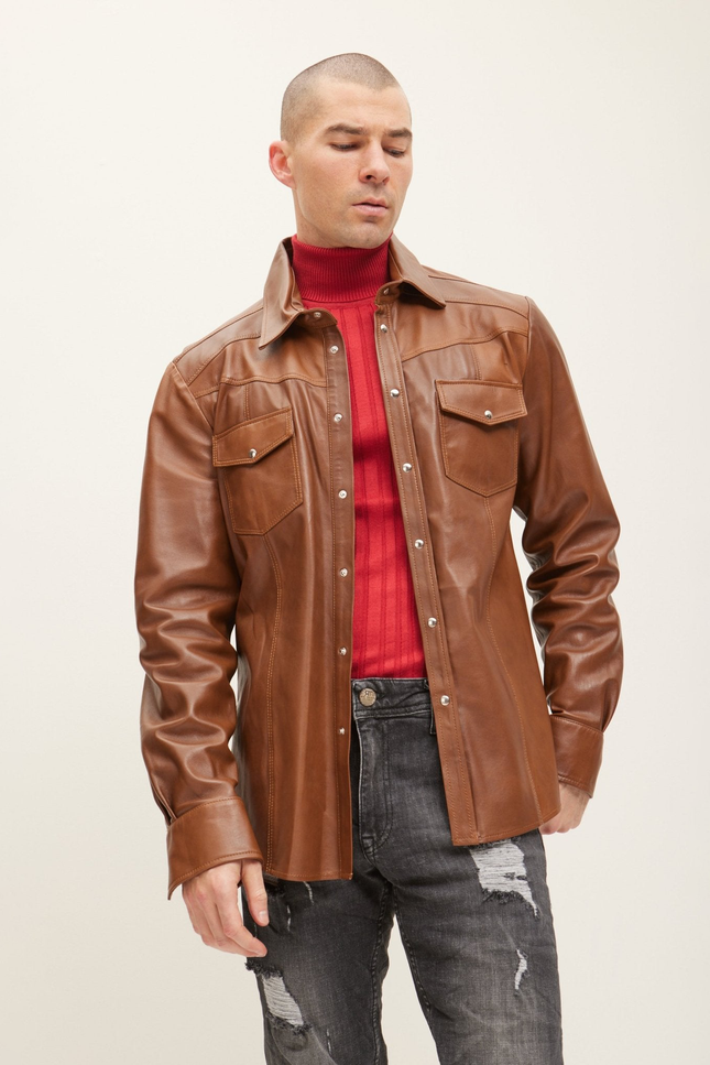Western Lambskin Leather Shirt - Brown