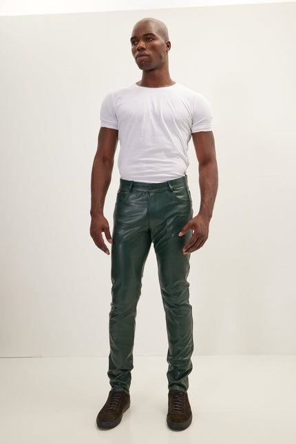 Men's Lambskin Leather Pants - Green | Ron Tomson
