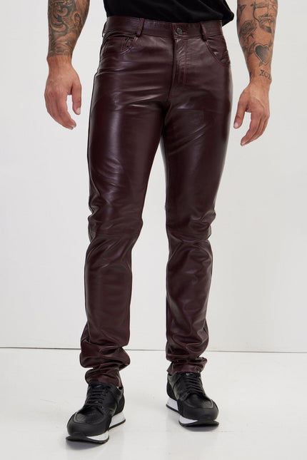 Men's Lambskin Leather Pants - Wine | Ron Tomson