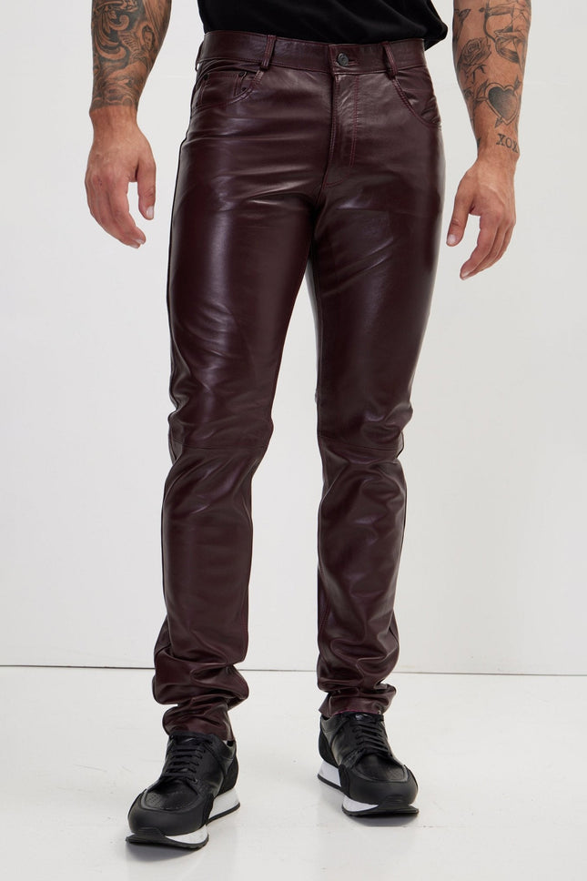 Men's Lambskin Leather Pants - Wine | Ron Tomson