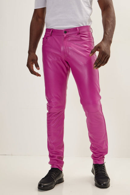 Men's Lambskin Leather Pants - Fuchsia | Ron Tomson
