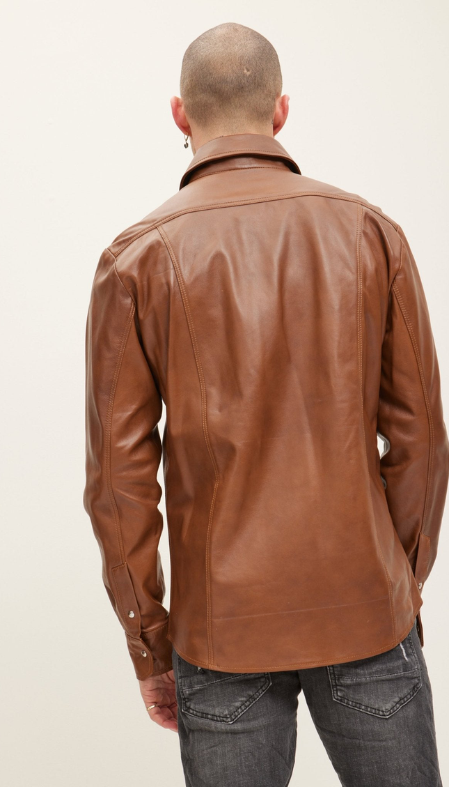 Western Lambskin Leather Shirt - Brown