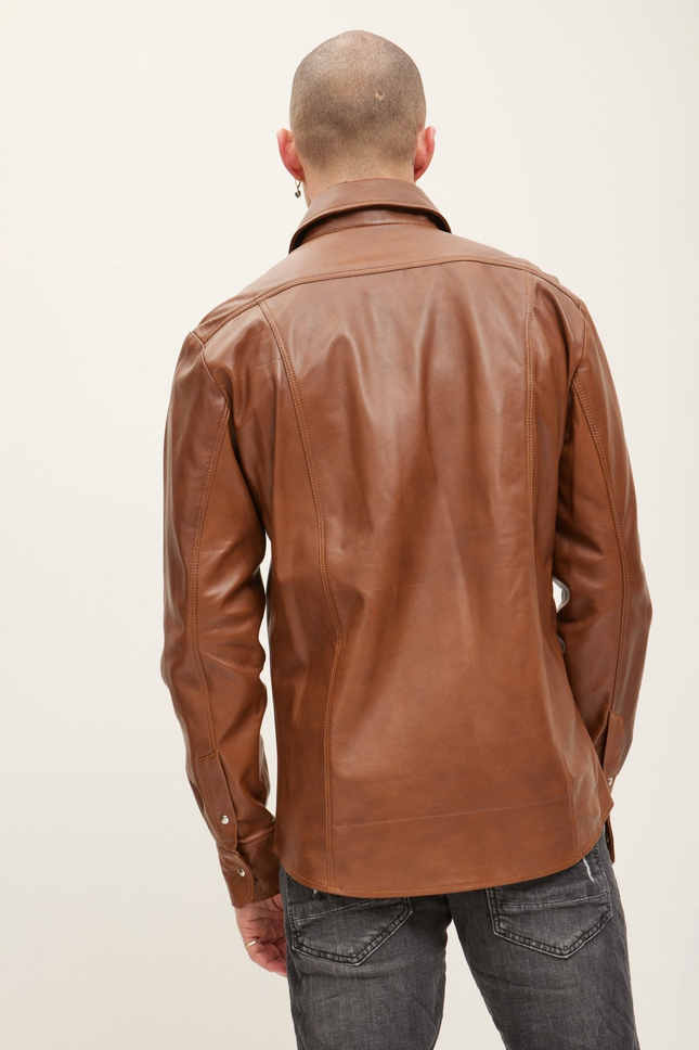Western Lambskin Leather Shirt - Brown