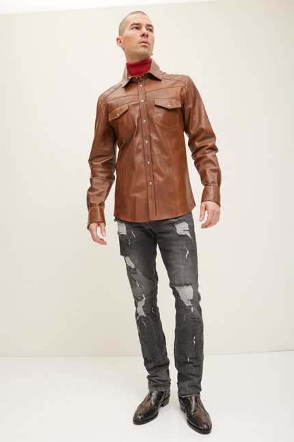 Men's Western Lambskin Leather Shirt - Brown | Ron Tomson