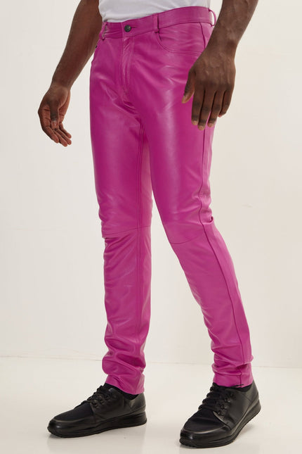 Men's Lambskin Leather Pants - Fuchsia | Ron Tomson