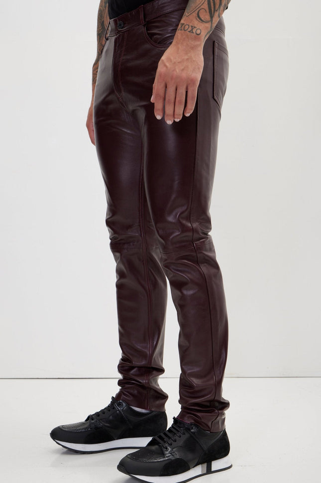 Men's Lambskin Leather Pants - Wine | Ron Tomson