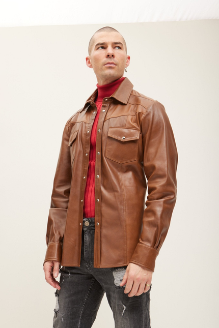 Men's Western Lambskin Leather Shirt - Brown | Ron Tomson