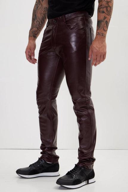 Men's Lambskin Leather Pants - Wine | Ron Tomson