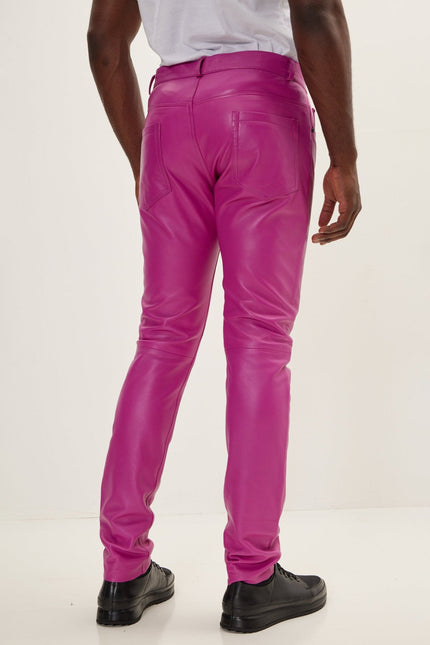 Men's Lambskin Leather Pants - Fuchsia | Ron Tomson